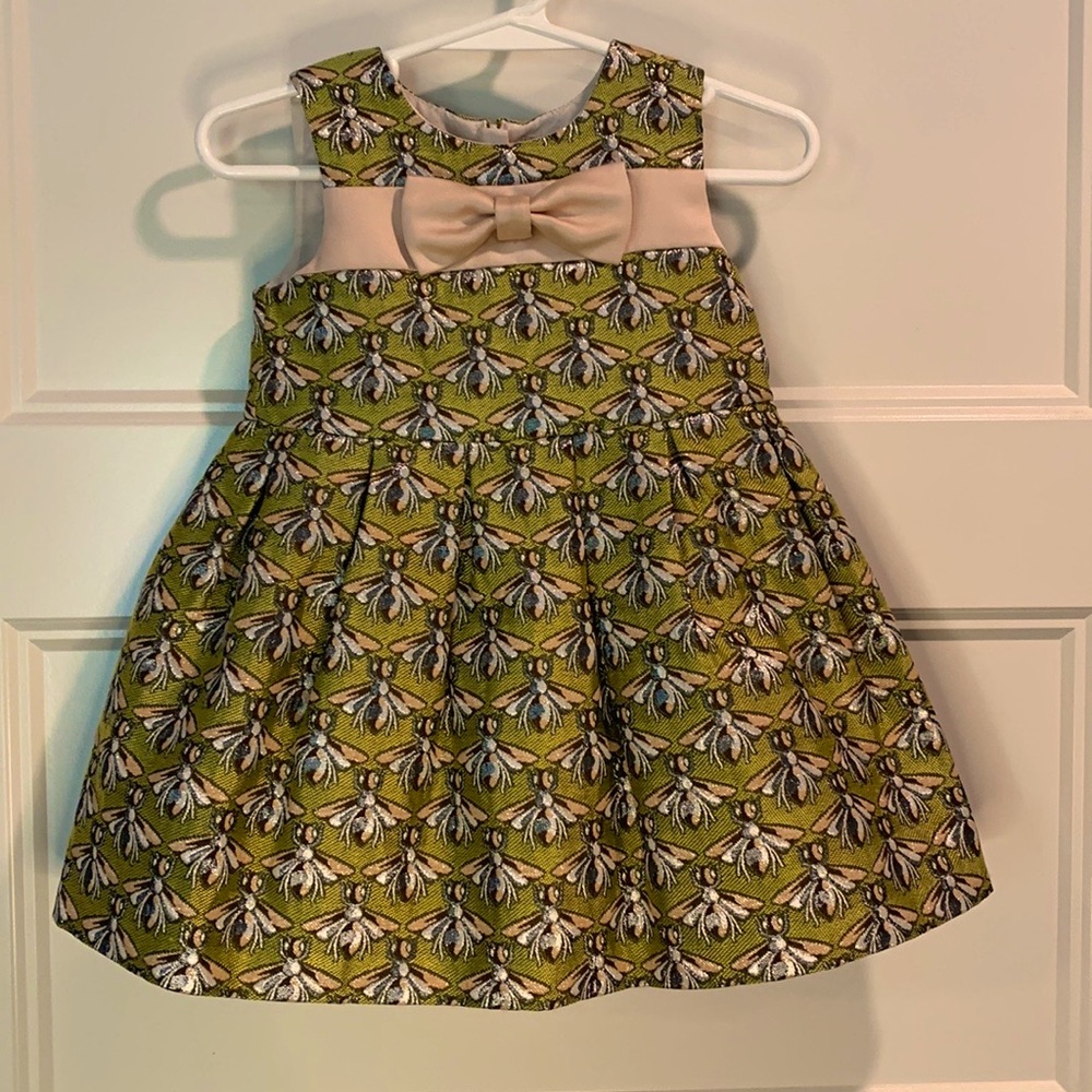 Hucklebones London, yellow jacquard with sparkly silver threading pink satin bow